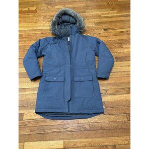 Duluth Trading Mens Down Parka Coat Size Medium Blue Fur Trim Hooded Heavy Nylon
